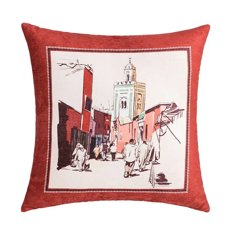 Red velvet cushion cover with decorbites abstract geometric moroccan street scene in coral and teal tassel decor