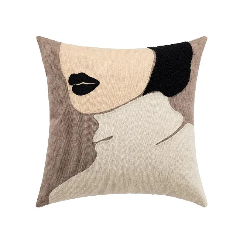 Beige and black embroidered cushion cover with abstract handmade knot design for living room decorbites decor