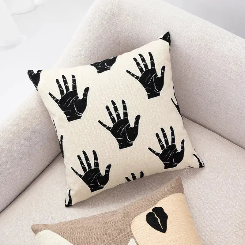 Cream-colored cushion cover with black hand print pattern decorbites abstract handmade for living room decor