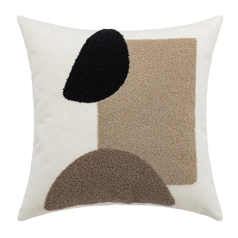 A square abstract handmade knot cushion cover with earthy tones black beige and brown for living room decorbites decor