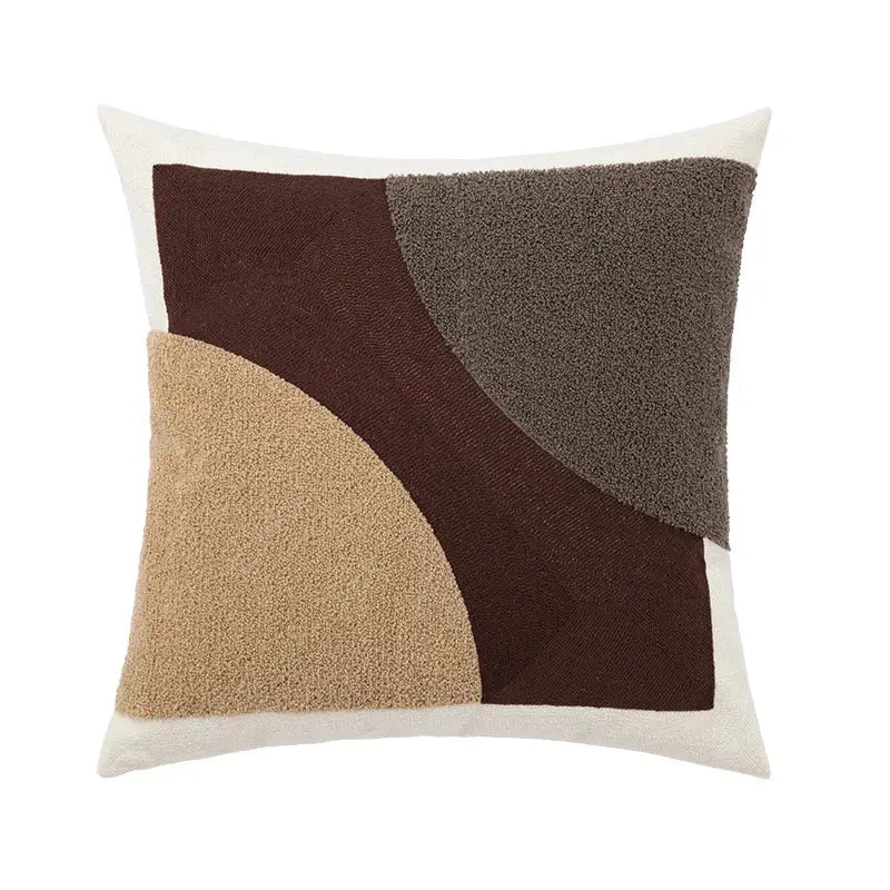 A square cushion cover with decorbites abstract handmade knot design in earthy beige, dark brown, and gray tones