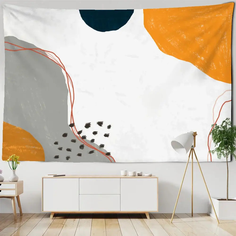 Abstract geometric orange and navy pattern tapestry wall hanging with bold shapes on textured white background decorbites 3d pattern