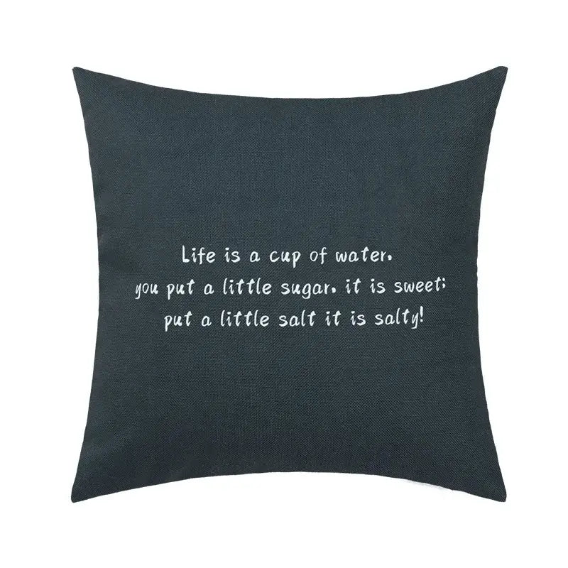 Dark gray square pillow cover with white embroidered life is a cup of water text decorbites abstract geometric print for living room decor