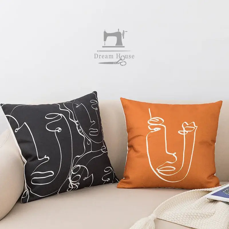 Orange throw pillow cover with white line art face design for decorbites abstract geometric print living room decor