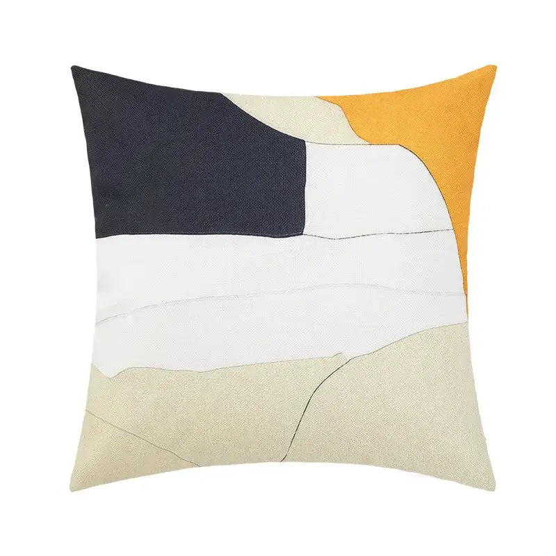 A square pillow cover with a decorbites abstract geometric print in navy white mustard yellow and beige tones