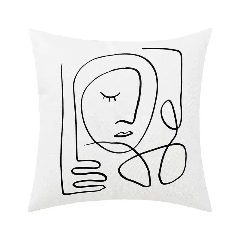 White square pillow cover with decorbites abstract geometric print featuring a black line abstract face for living room decor