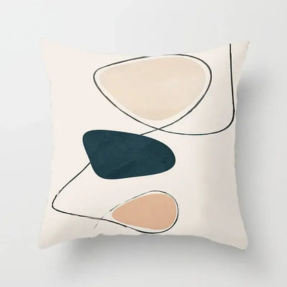 Cream-colored pillow cover with abstract geometric stitch print in beige, muted teal, and dusty rose for decorbites decor