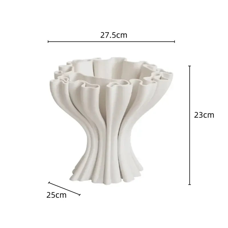 White abstract geometry ceramic triple opening vase with ruffled fluted design for living room decorbites decor