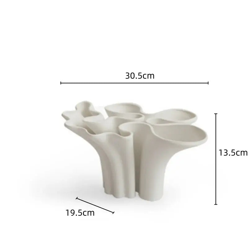 Cream-colored abstract geometry ceramic vase with organic branching design and triple fluted openings for living room decor