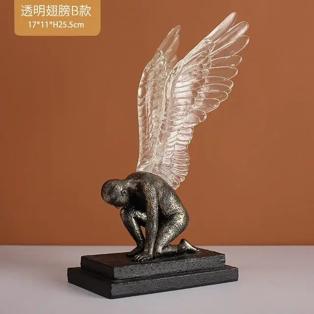 Abstract golden character winged angel resin statue with metallic textured body and clear glass-like wings for decorbites decor
