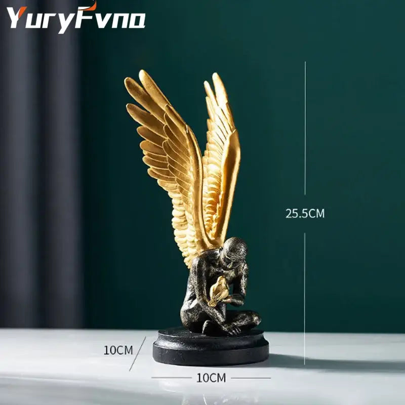 Abstract golden character winged angel resin statue with dark bronze body seated on black base for living room decorbites decor