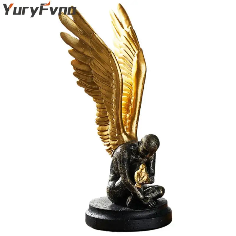 Golden-winged angel resin statue with dark bronze body holding a small golden bird for decorbites abstract golden decor