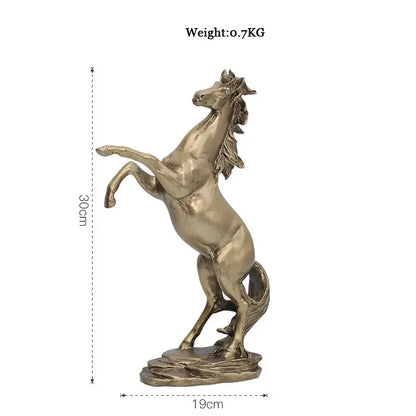Bronze-colored metallic horse resin statue with detailed mane and tail on rocky base for elegant living room decor