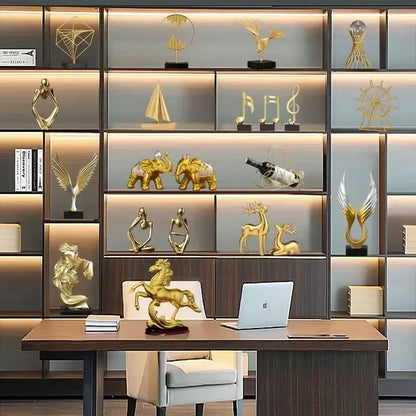 Golden horse figurine resin statue with dynamic rearing pose and glossy finish for living room decor