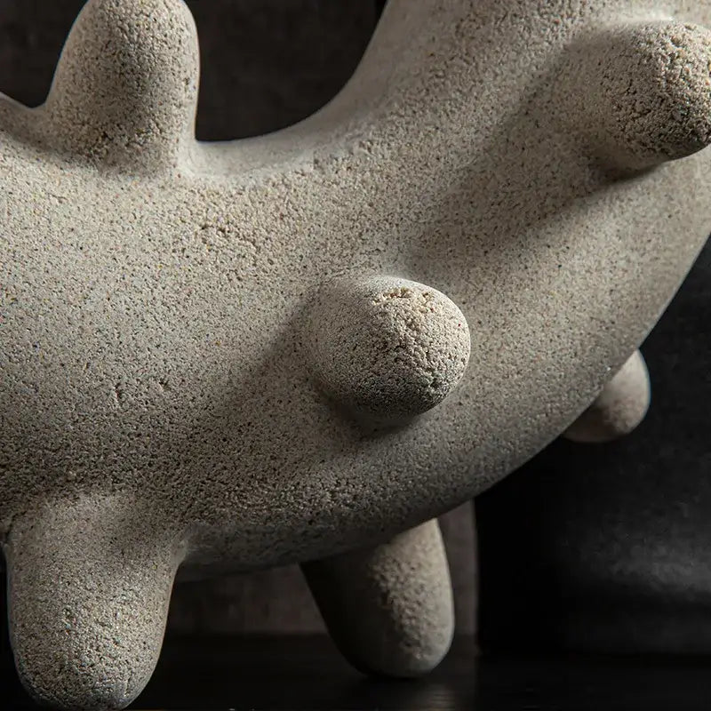 Gray geometric cactus resin sculpture with textured rough surface and rounded protrusions for living room ornament