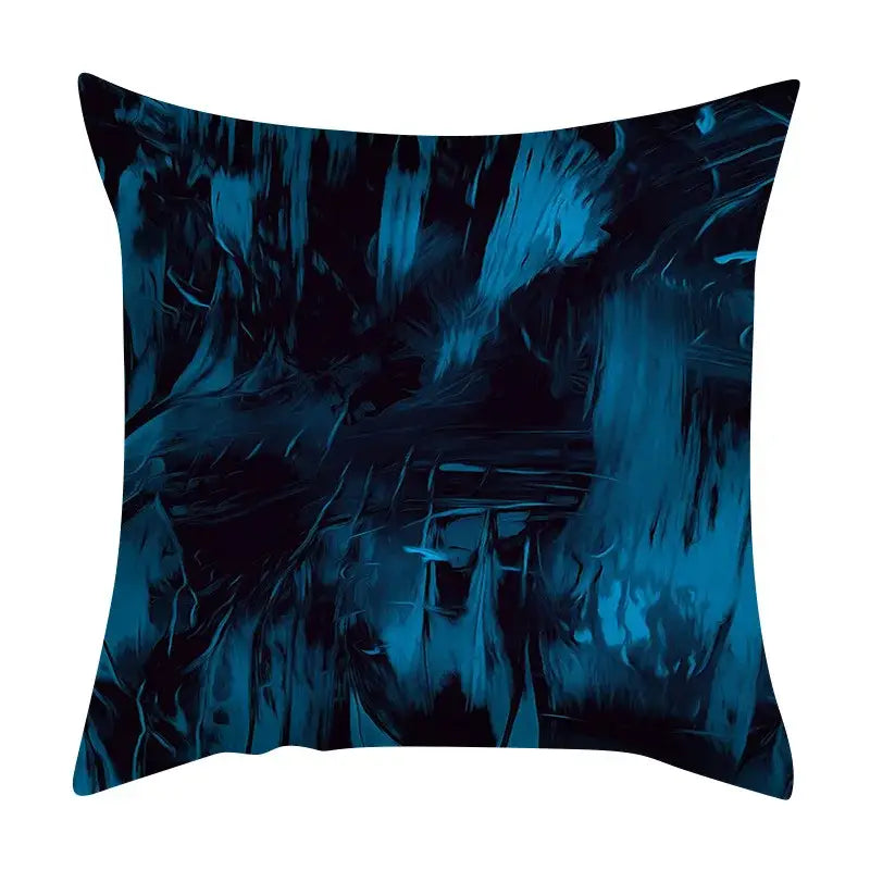 Square throw pillow cushion cover with bold abstract ink marbling design in deep blues and black decorbites abstract ink decor