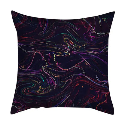 Square throw pillow with decorbites abstract ink marbling cushion cover in neon purple pink teal and yellow on black background