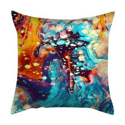 Vibrant abstract ink marbling cushion cover with swirling teal orange and gold patterns for living room decorbites throw pillow