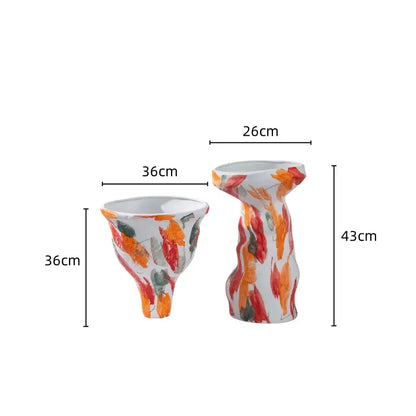 Two ceramic vases with abstract irregular orange red and gray leaf patterns in a decorbites vase set for living room decor