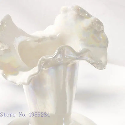 Iridescent white decorbites ceramic shell vase with fluted ruffled rim and smooth cylindrical body for living room decor