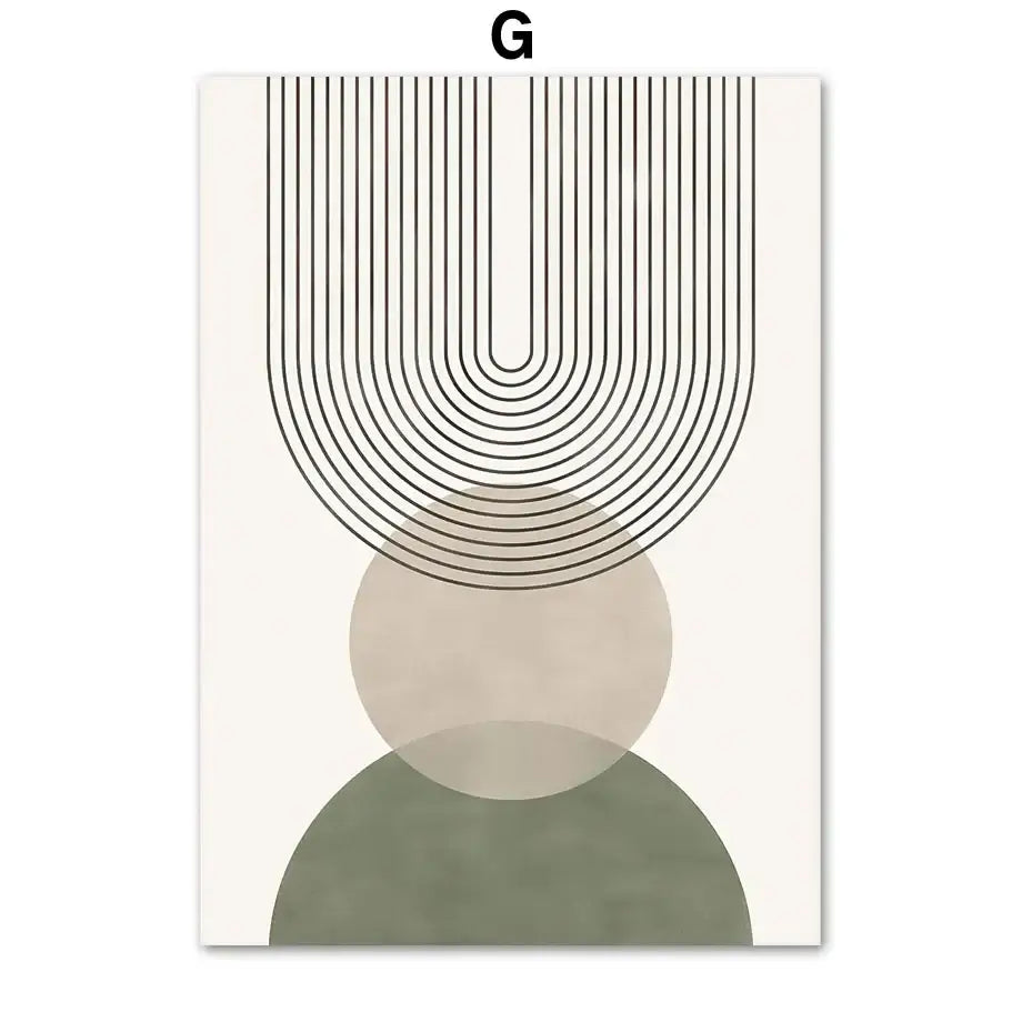 DecorBites™ abstract geometric canvas wall art with minimalist black curved lines and beige olive green shapes on cream background