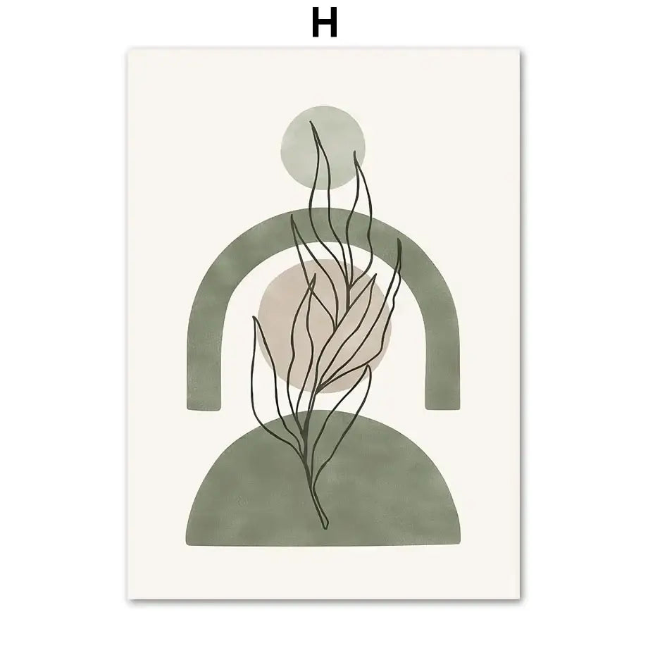 Decorbites™ abstract geometric canvas painting featuring minimalist stylized plant with black lines on sage green wall art