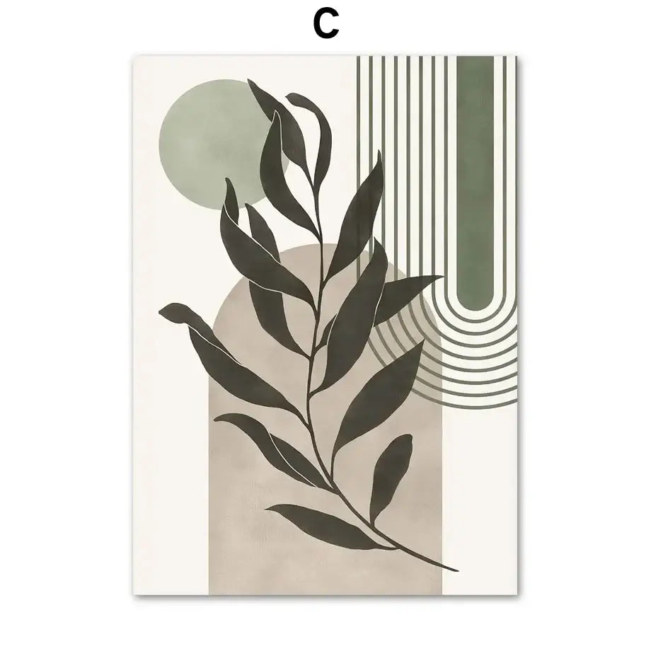 Decorbites™ abstract geometric canvas wall art featuring a dark green leafy branch on beige and olive backgrounds
