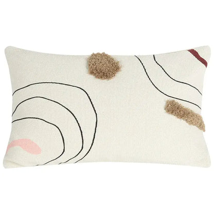 Cream-colored cushion cover with abstract line colors in black pink and beige yarn accents for living room decorbites abstract line