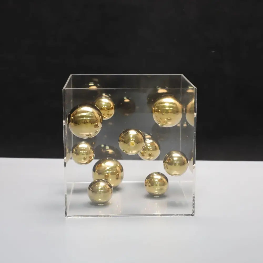 Clear acrylic cube filled with reflective gold spheres metal ball artworks for red and blue living room decorbites abstract metal