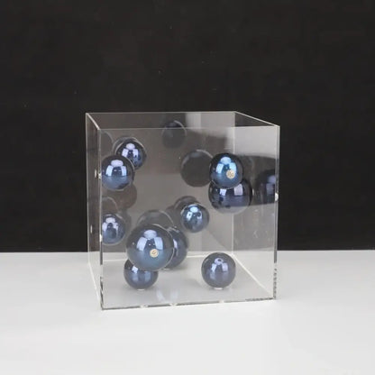 Clear acrylic cube with glossy dark blue spheres featuring decorbites abstract metal ball artworks for living room decor