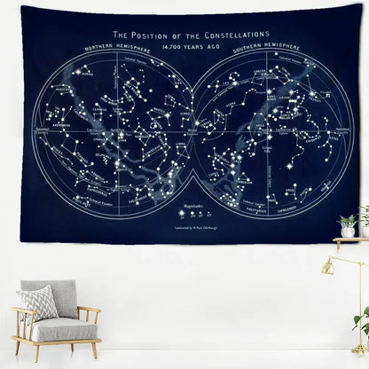 Abstract navy blue cosmic constellation compass tapestry featuring intricate white star maps for bedroom decor