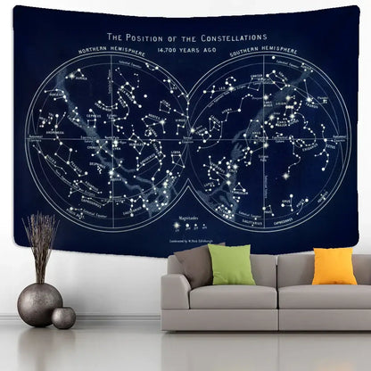 Abstract navy blue cosmic constellation compass tapestry depicting 14,700 year old celestial constellations for bedroom decor