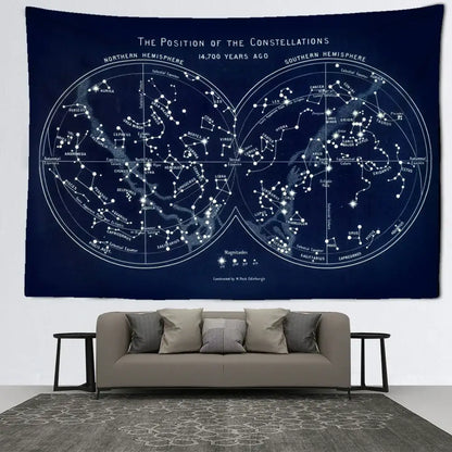 Abstract navy blue cosmic constellation compass tapestry featuring 14,700 year old celestial constellations for bedroom decor
