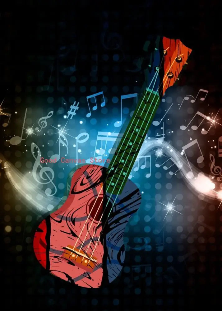 A vibrant red and black stylized ukulele with glowing green neck on abstract electric guitar canvas print wall art