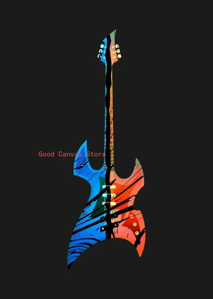 Abstract electric guitar canvas print with bold blue and orange splashes and black streaks for living room wall art