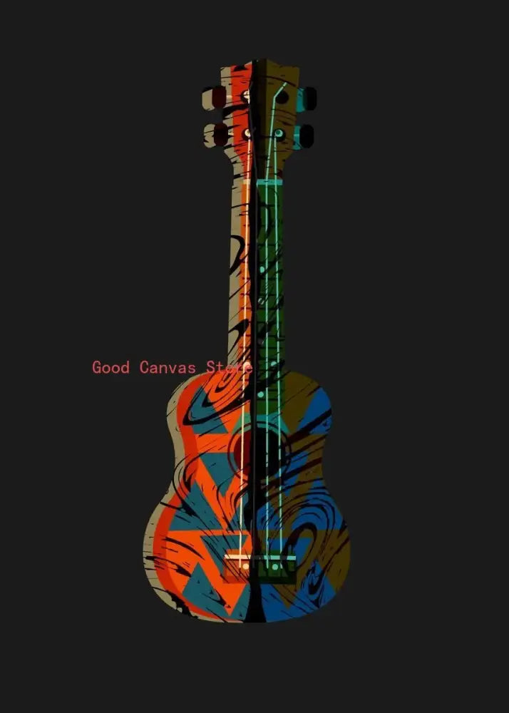 Abstract electric guitar canvas print featuring a vibrant neon ukulele with bold orange blue and green geometric swirls