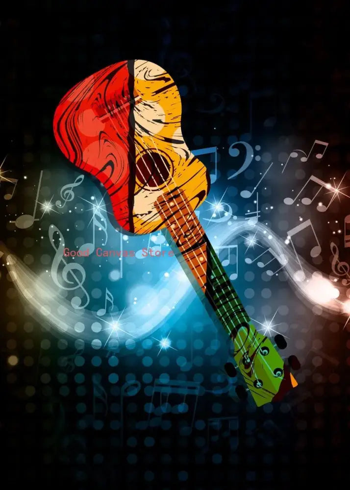 Abstract electric guitar canvas print featuring a vibrant red and orange split wood grain design with green fretboard and black pegs