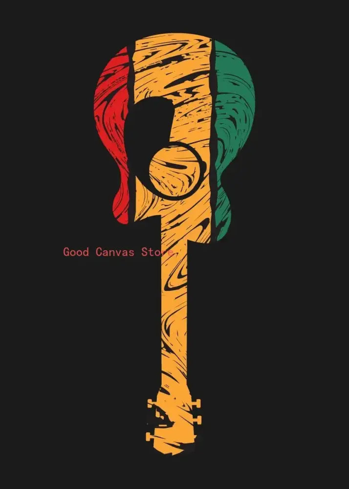 Abstract electric guitar canvas print featuring a vibrant red yellow green wood-grain electric guitar silhouette for wall art