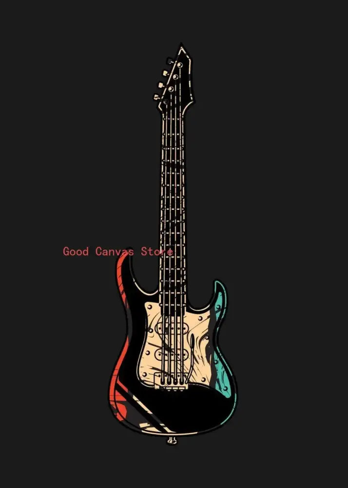 Stylized abstract electric guitar canvas print featuring black body with red teal flames and cream pickguard wall art