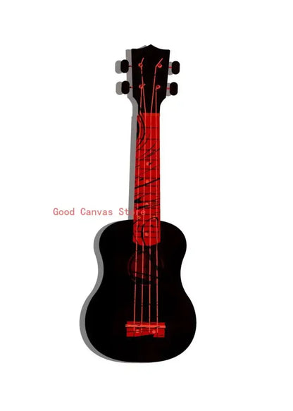 Abstract electric guitar canvas print featuring a black ukulele with red fretboard and musical notes design for living room wall art