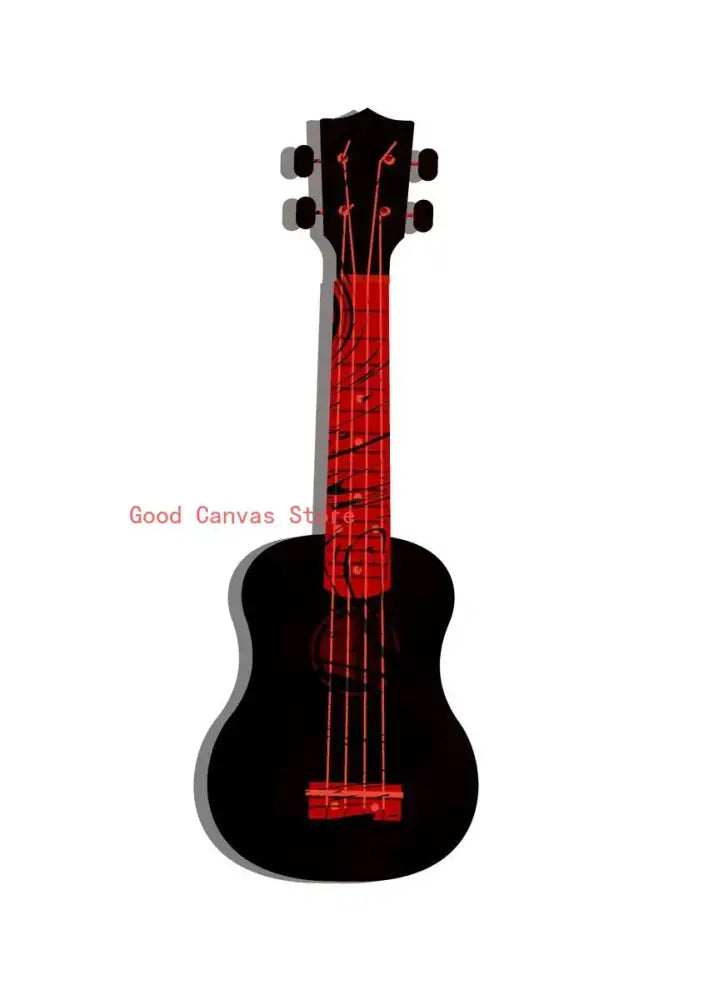 Abstract electric guitar canvas print featuring a black ukulele with red fretboard and musical notes design for living room wall art