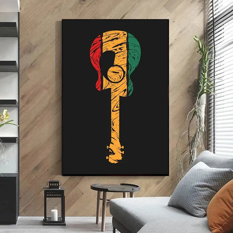 Rasta-colored abstract electric guitar canvas print on black background for living room wall art decoration