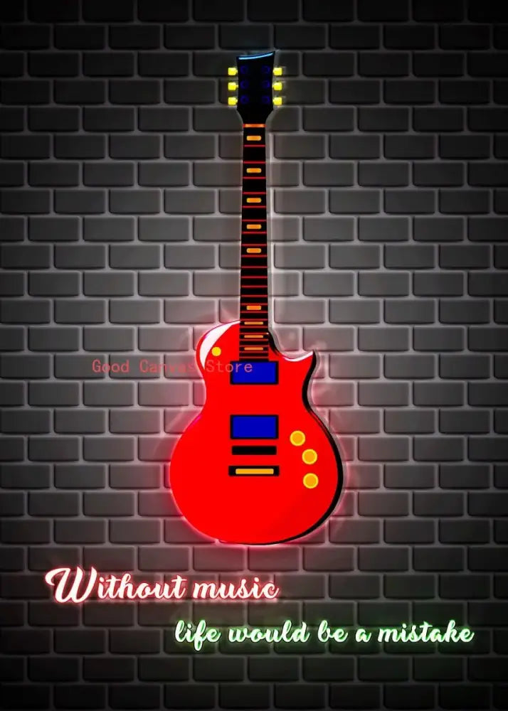 Abstract electric guitar canvas print featuring a glowing red electric guitar with blue and yellow accents for living room wall art