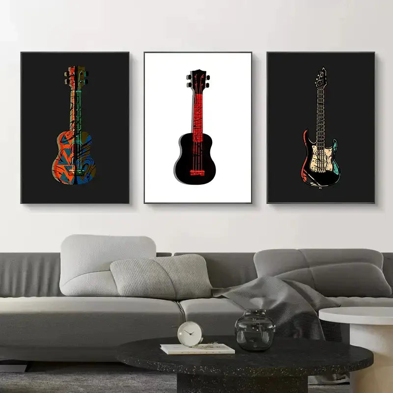 Three framed abstract electric guitar canvas prints feature vibrant neon designs on black and white backgrounds for living room wall art