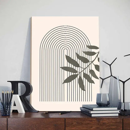 Beige canvas abstract orange leaf posters with black concentric arches and olive green leaf silhouettes for boho wall art