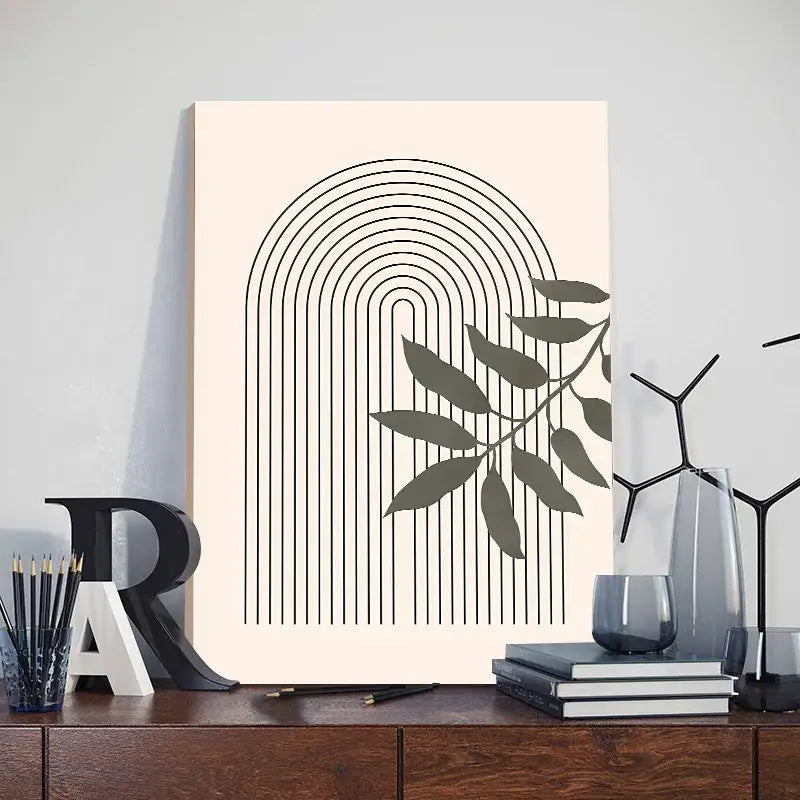 Beige canvas abstract orange leaf posters with black concentric arches and olive green leaf silhouettes for boho wall art