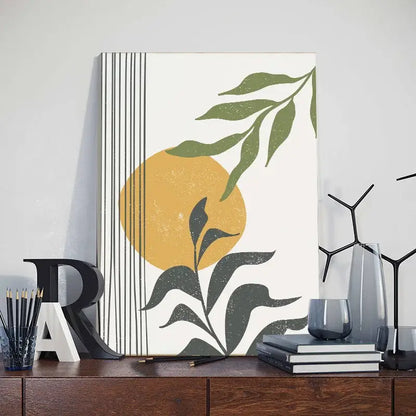 Decorbites™ abstract orange leaf posters set featuring modern canvas prints with stylized green and black leaves on white