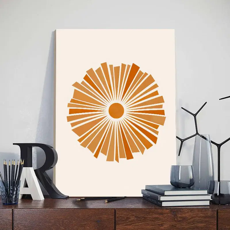 Decorbites™ abstract orange leaf posters set featuring a modern abstract orange sunburst canvas on wooden surface