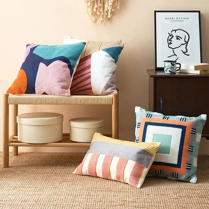 Colorful abstract pastel geometric cushion cover in textured fabric for stylish living room decorbites geometric cushion
