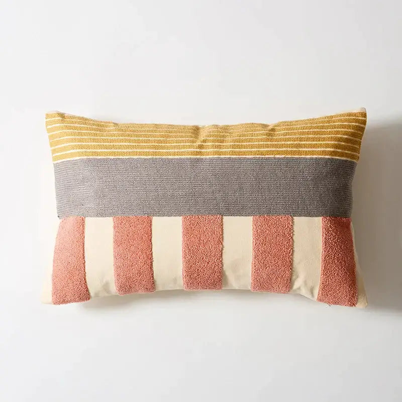 Rectangular abstract pastel geometric cushion cover with mustard yellow gray and terracotta stripes for living room decorbites geometric cushion